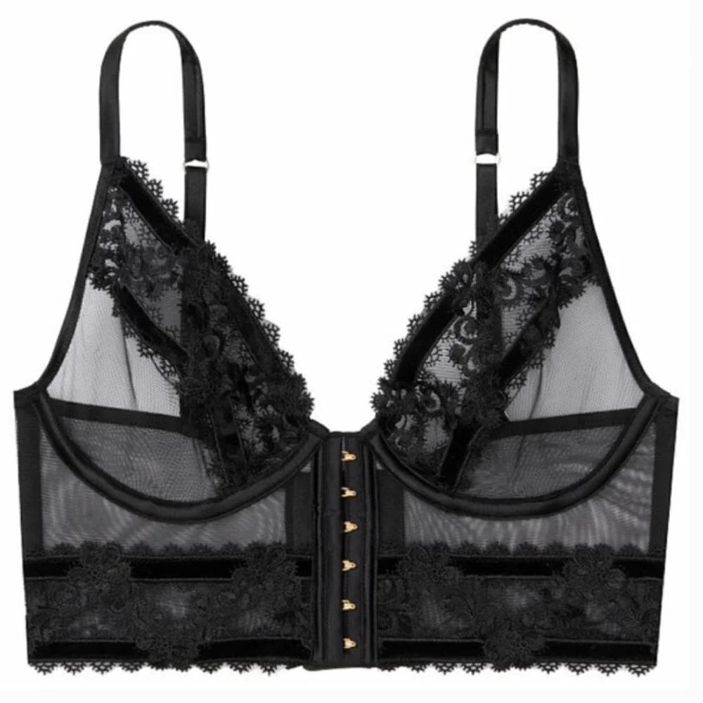 2 items! brand new! bra panty set velvet trim luxe embroidered flower